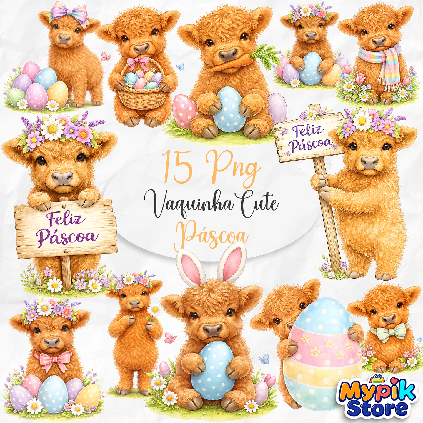 Kit Digital Páscoa Vaquinha Cute - 15 Ilustrações PNG Fundo Transparente 1