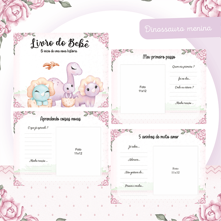 Kit Digital Dino Menina Baby - Caderneta, Livro do Bebê e Artes 6