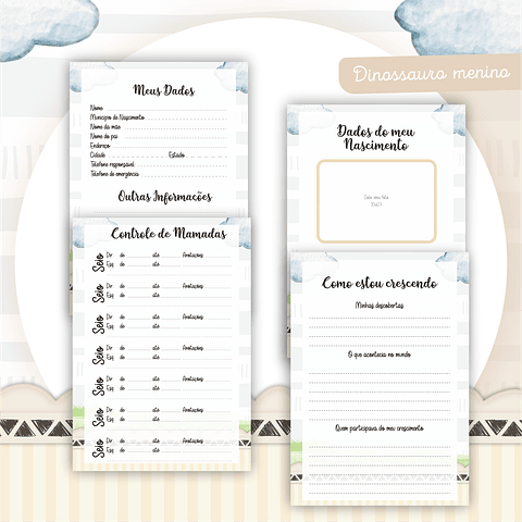 Kit Digital Encadernação Dino Menino - Livro do Bebê e Caderneta