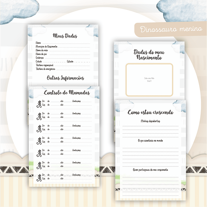 Kit Digital Encadernação Dino Menino - Livro do Bebê e Caderneta 2