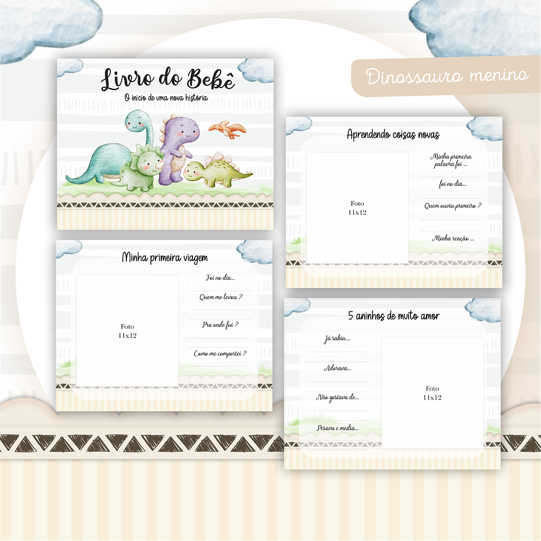 Kit Digital Encadernação Dino Menino - Livro do Bebê e Caderneta 3