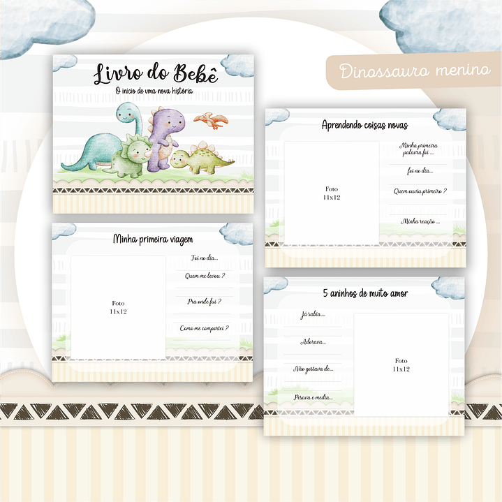 Kit Digital Encadernação Dino Menino - Livro do Bebê e Caderneta 3
