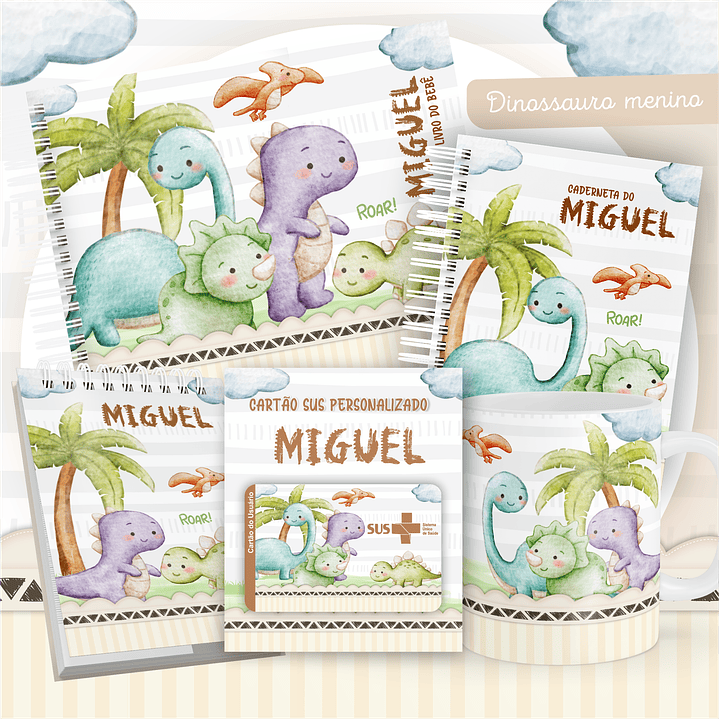 Kit Digital Encadernação Dino Menino - Livro do Bebê e Caderneta 1
