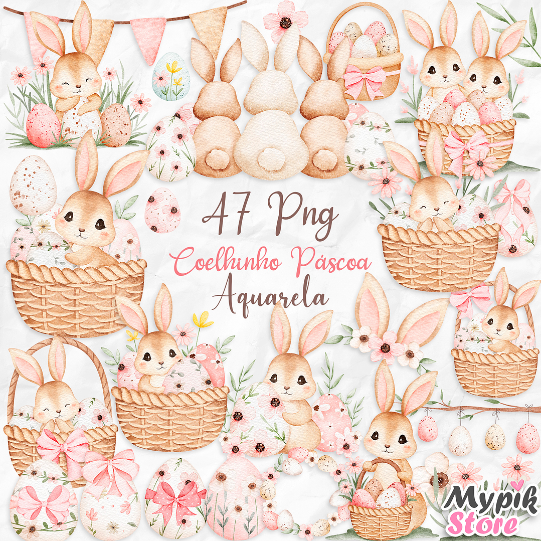 Kit Digital Coelhinho de Páscoa Aquarela PNG – 1