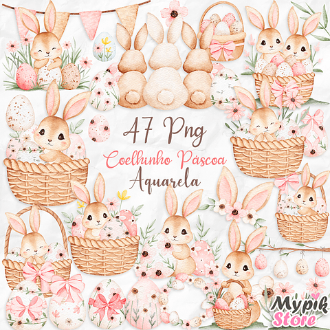 Kit Digital Coelhinho de Páscoa Aquarela PNG –