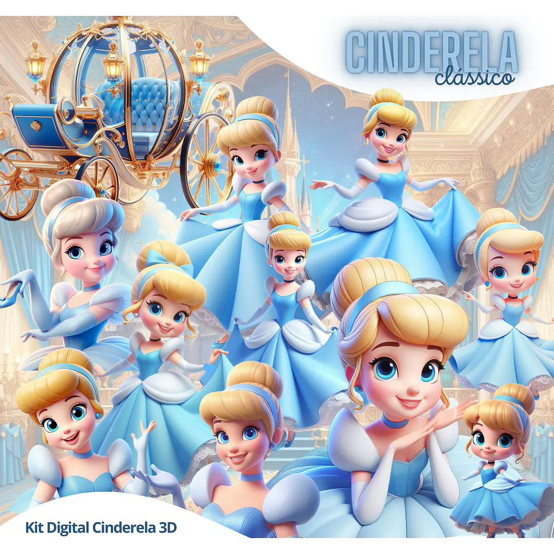 Kit Digital Princesa Cinderela 3D Ilustrações PNG 1