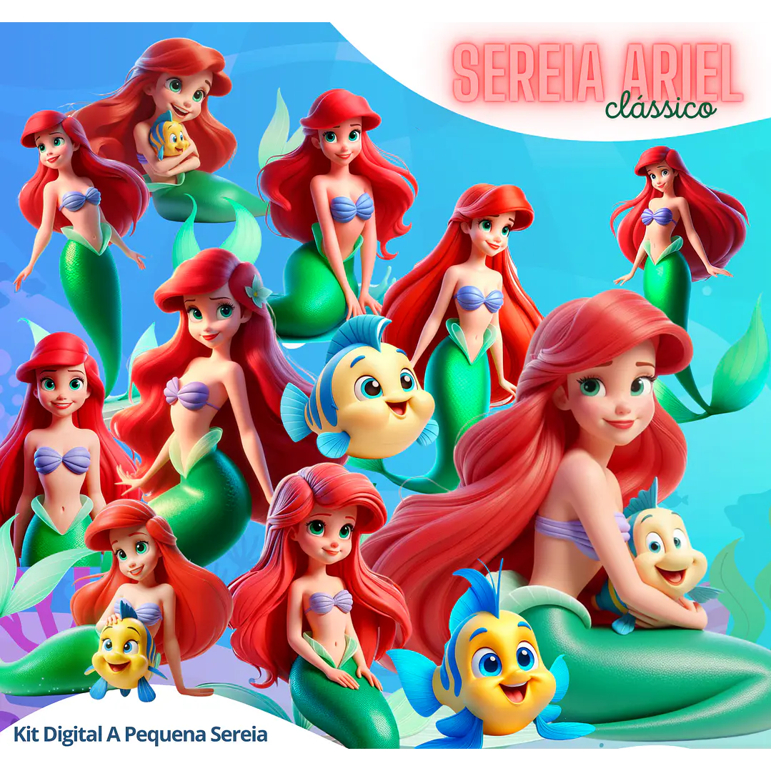 Kit Digital Pequena Sereia 3D PNG + Fundos JPG 1