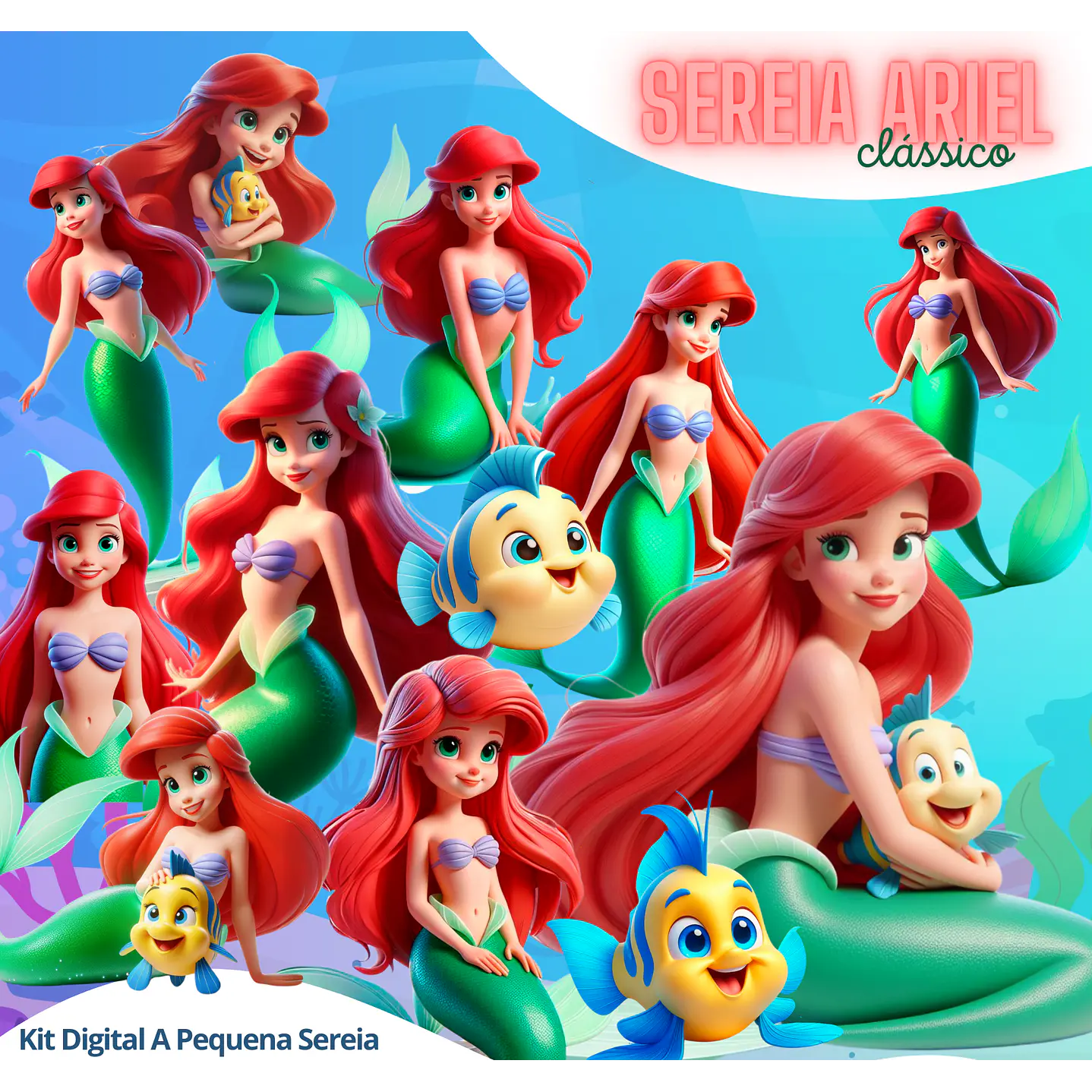 Kit Digital Pequena Sereia 3D PNG + Fundos JPG 1