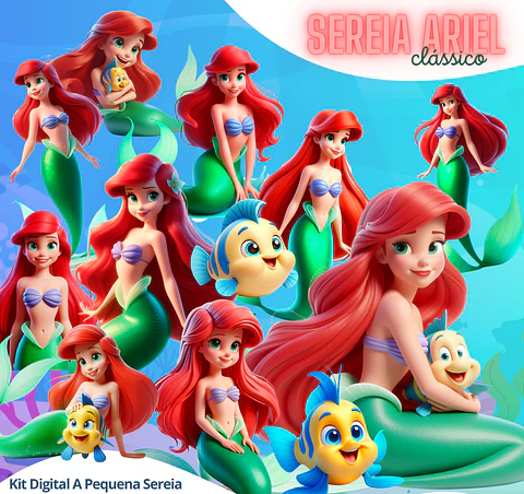 Kit Digital Pequena Sereia 3D PNG + Fundos JPG