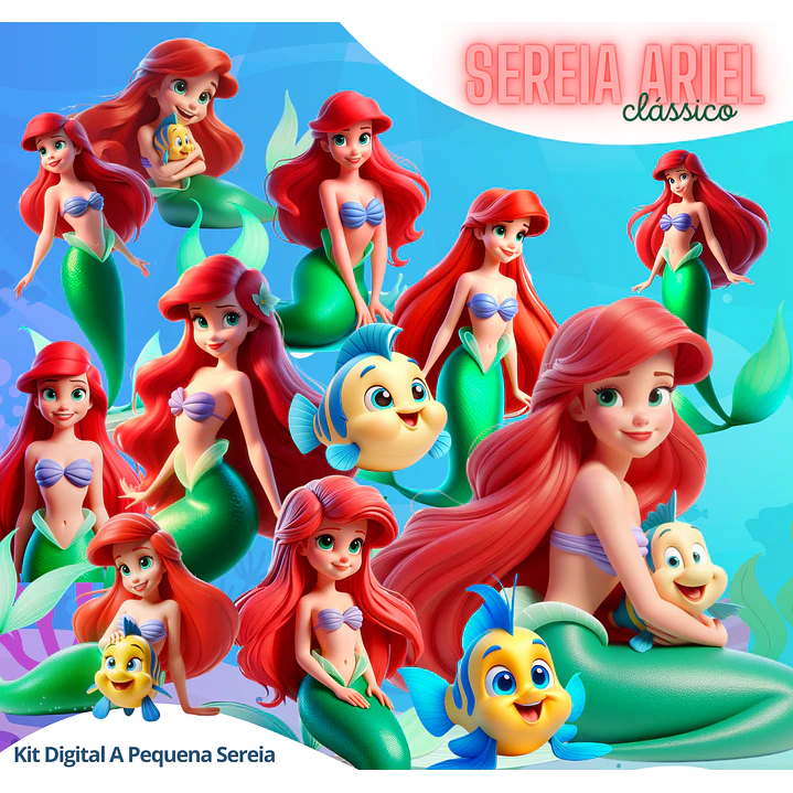 Kit Digital Pequena Sereia 3D PNG + Fundos JPG 1