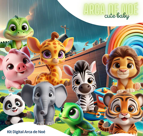 Kit Digital Arca de Noé 3D Fofo PNG Fundo Transparente