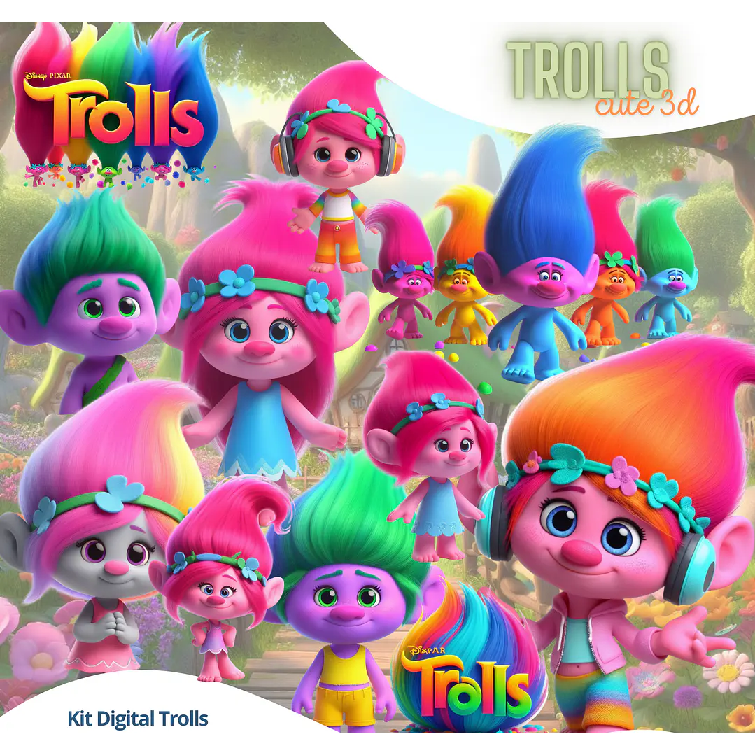 Kit Digital Trolls 3D PNG Transparente + Fundos JPG 1