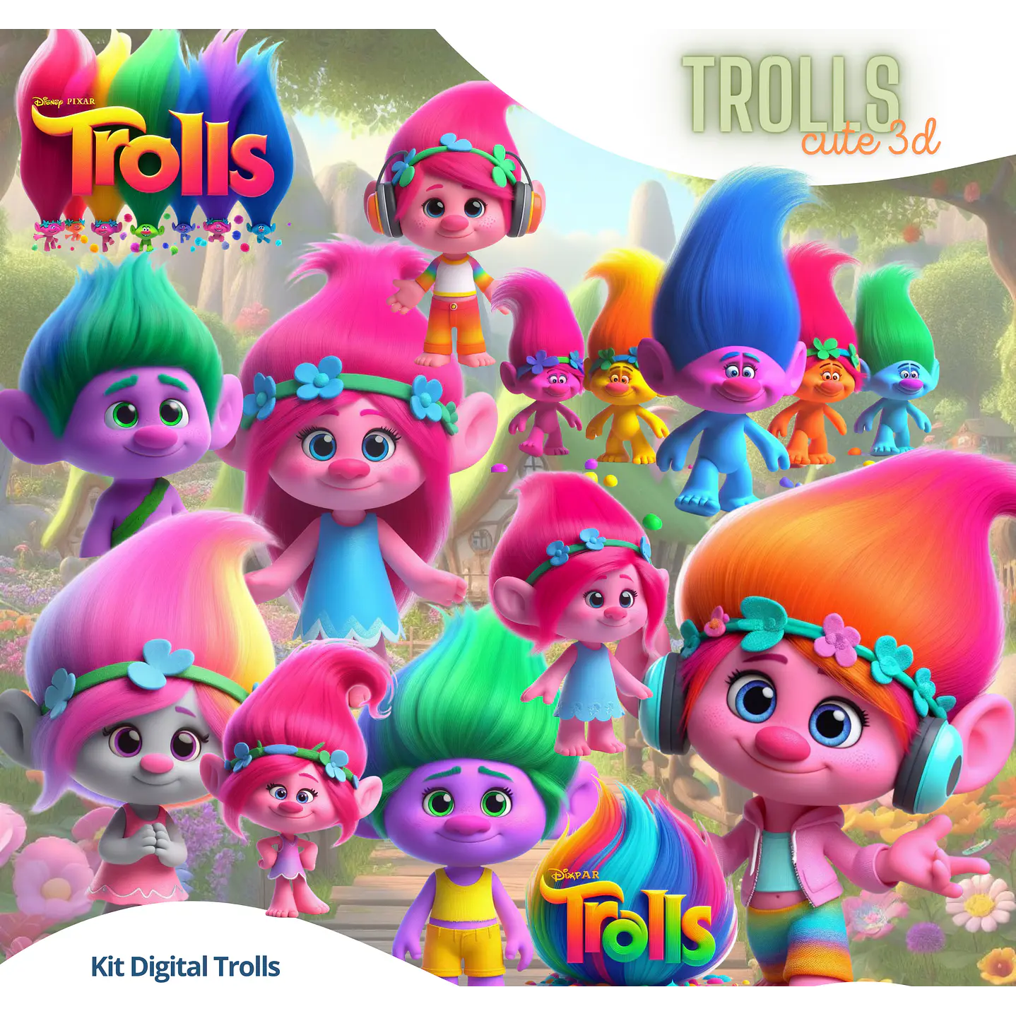 Kit Digital Trolls 3D PNG Transparente + Fundos JPG 1