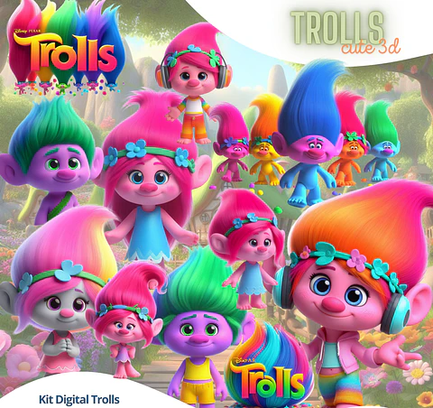 Kit Digital Trolls 3D PNG Transparente + Fundos JPG