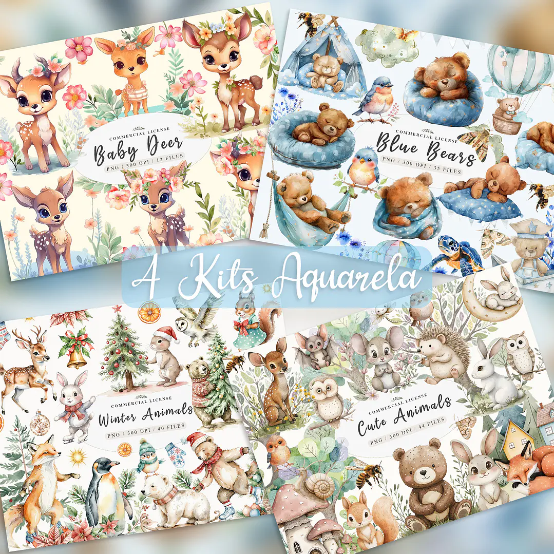 Pack 4 Kits Digitais Aquarela Baby Animals PNG Alta Resolução 1