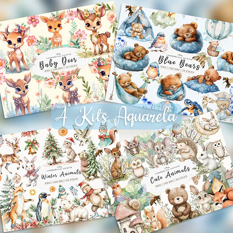 Pack 4 Kits Digitais Aquarela Baby Animals PNG Alta Resolução