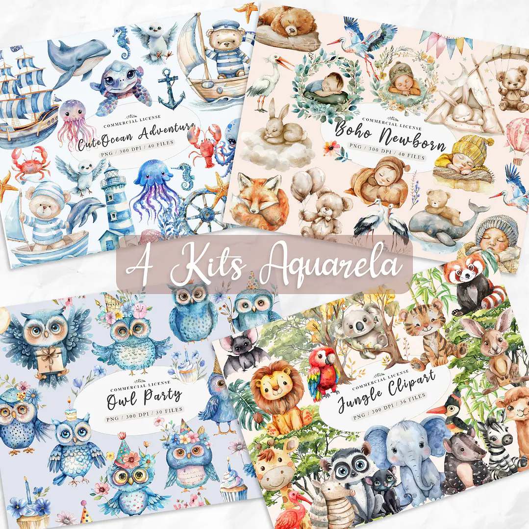 Pack 4 Kits Digitais Aquarela Infantil PNG Transparente 1
