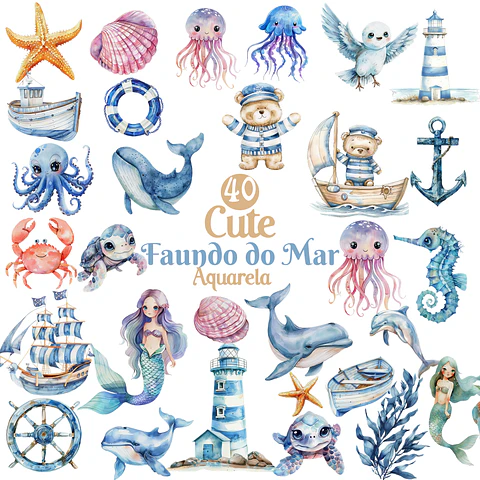 Kit Digital Fundo do Mar Aquarela Cute PNG 