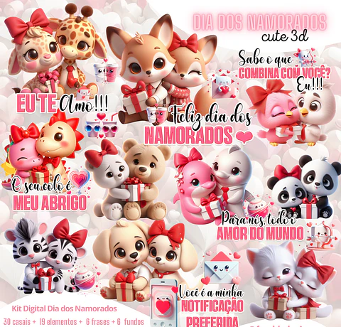 Kit Digital Amor Cute 3D PNG Transparente