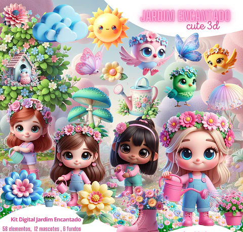 Kit Digital Jardim Encantado 3D - PNG Fundo Transparente