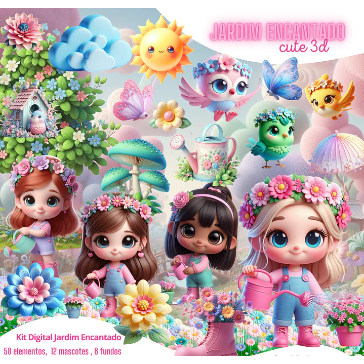 Kit Digital Jardim Encantado 3D - PNG Fundo Transparente 1