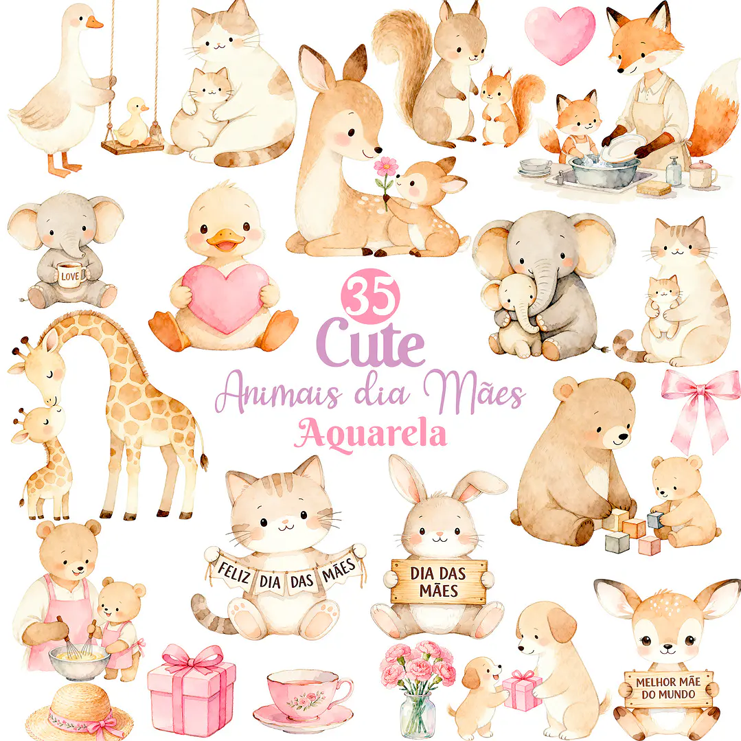 Kit Digital Dia das Mães Animais Fofos Aquarela 1