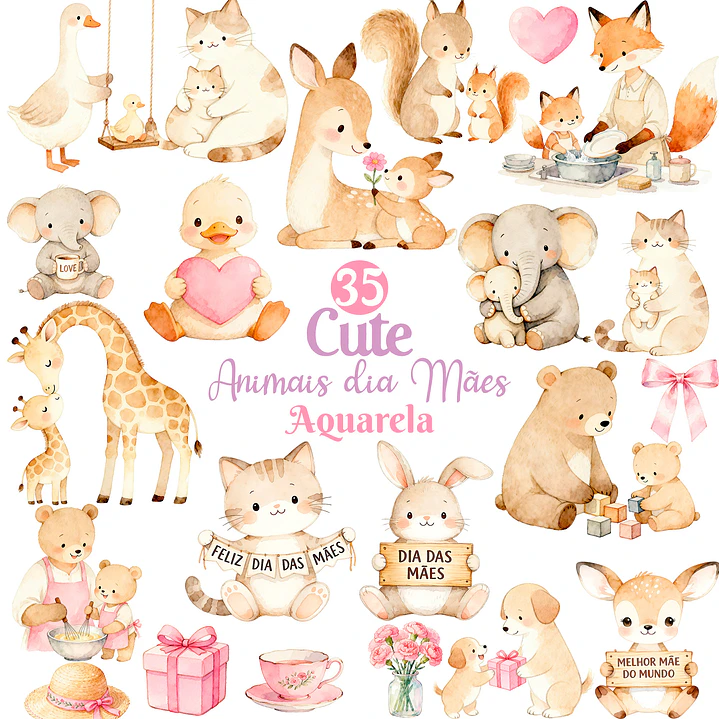 Kit Digital Dia das Mães Animais Fofos Aquarela 1