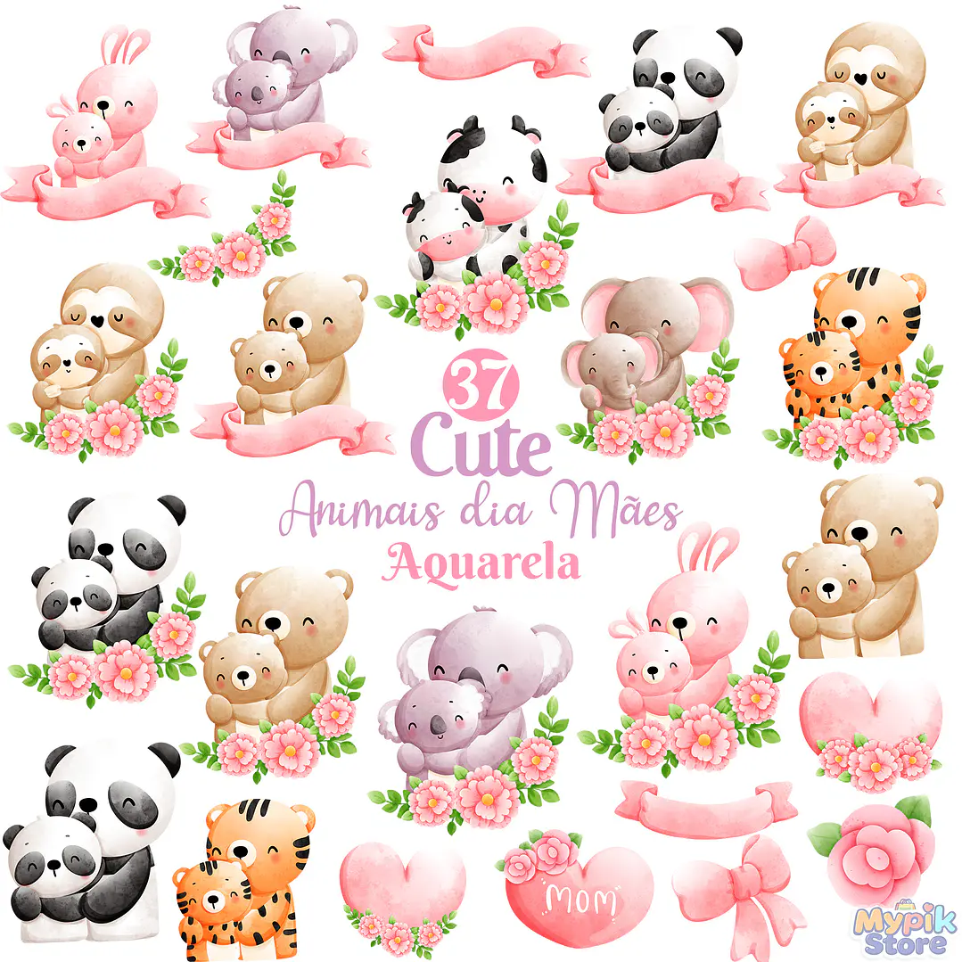 Kit Digital Animais Dia das Mães e Baby Aquarela PNG 1