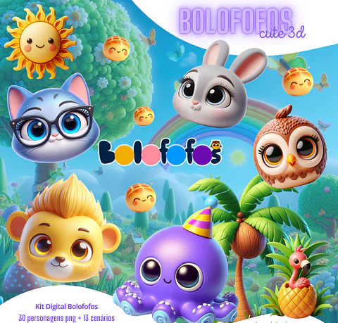 Kit Digital Bolofofos 3D Fofo PNG fundo transparente 