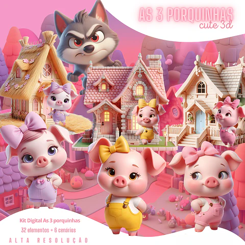 Kit Digital As 3 Porquinhas Cute 3D PNG Fundo Transparente