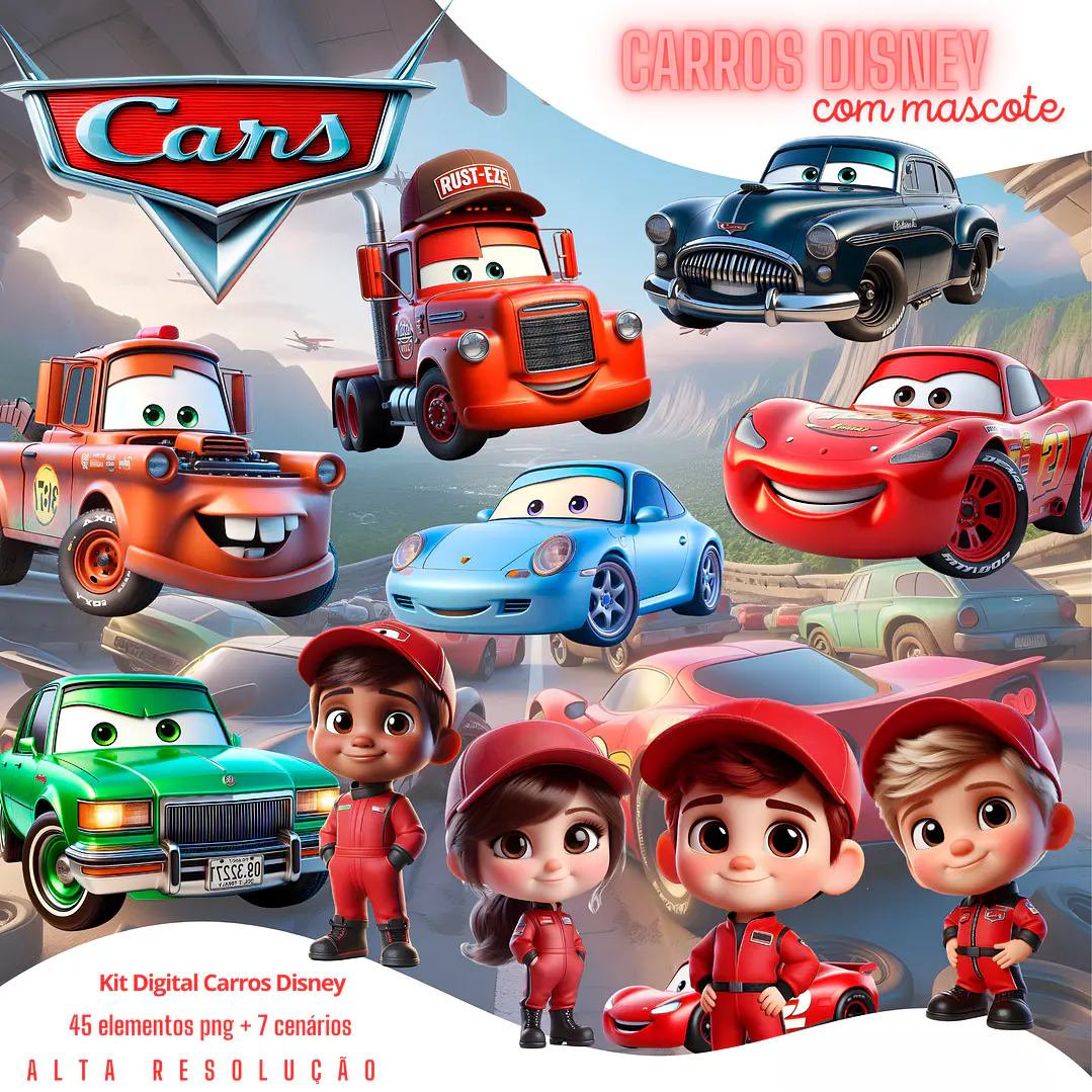 Kit Digital Carros Disney 3D PNG com Mascotes e Cenários 1