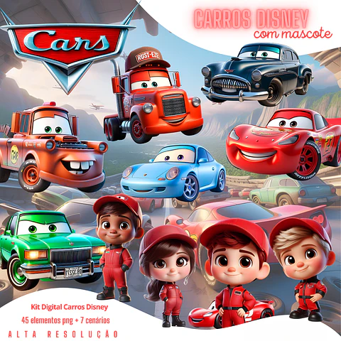 Kit Digital Carros Disney 3D PNG com Mascotes e Cenários