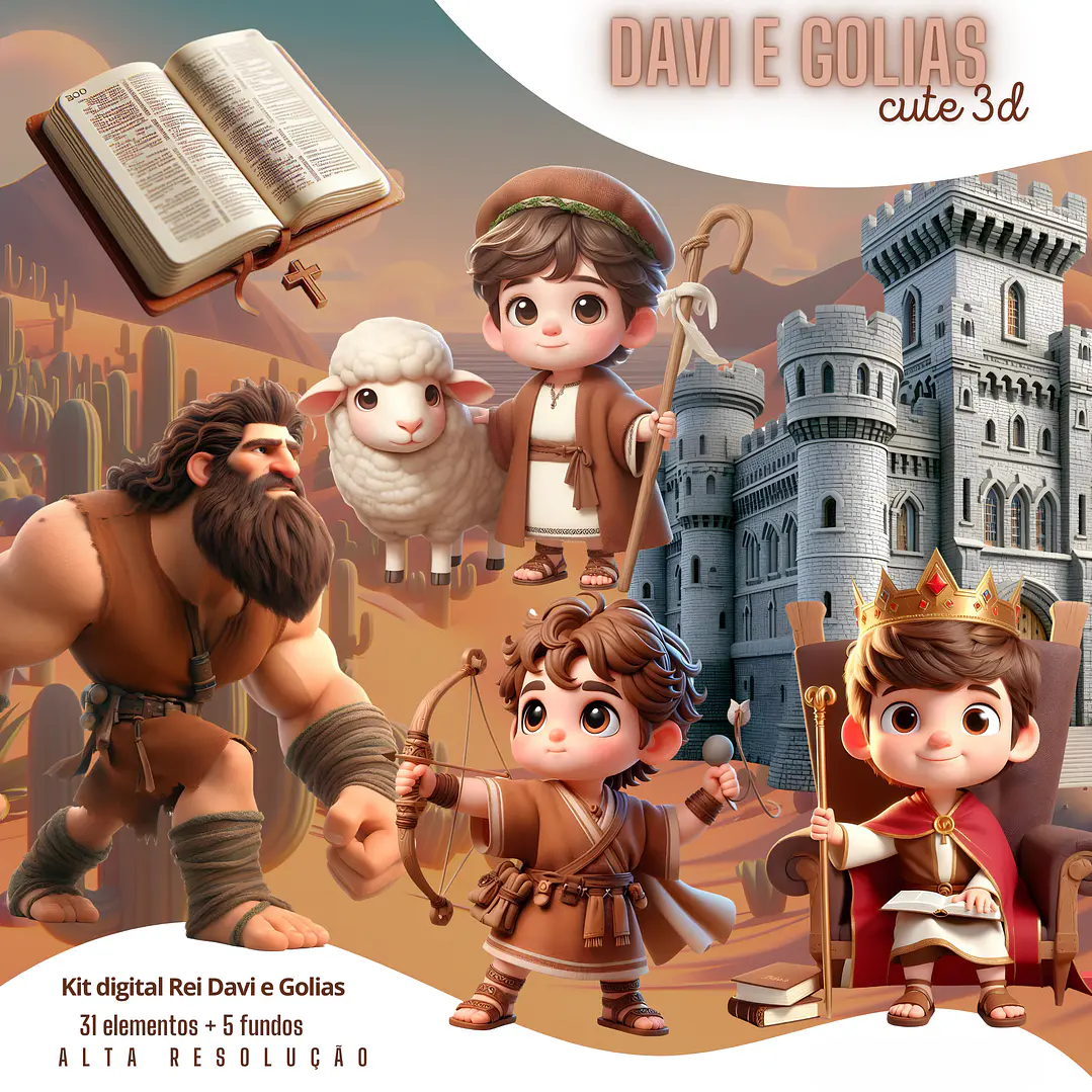 Kit Digital Davi e Golias Cute 3D PNG Fundo Transparente 1