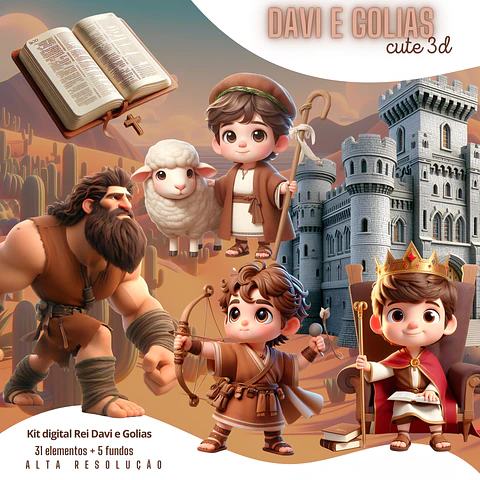 Kit Digital Davi e Golias Cute 3D PNG Fundo Transparente