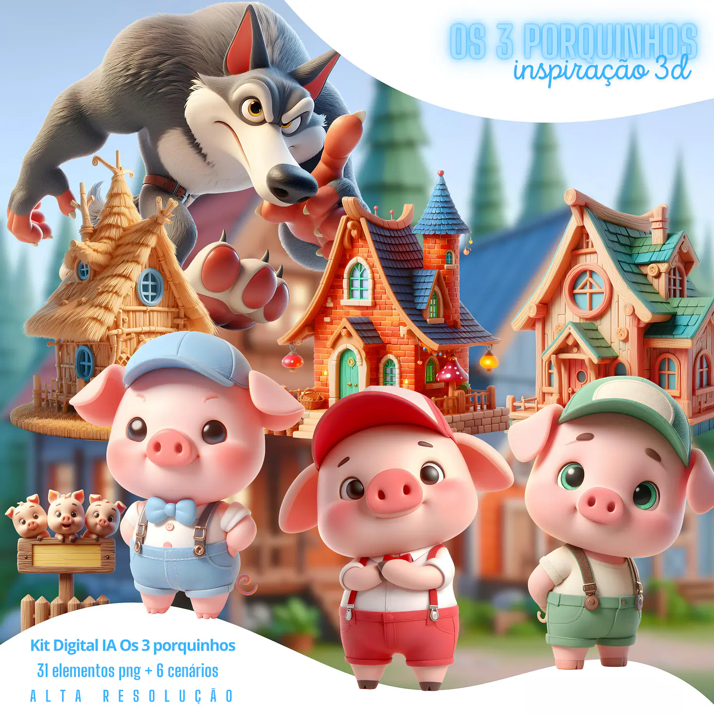 Kit Digital Os 3 Porquinhos PNG 3D Cute 1