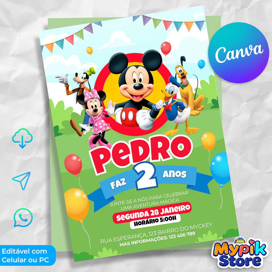 Convite Mickey no Parque Editável Canva - Download Imediato 1