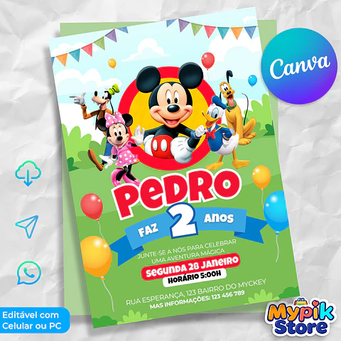 Convite Mickey no Parque Editável Canva - Download Imediato