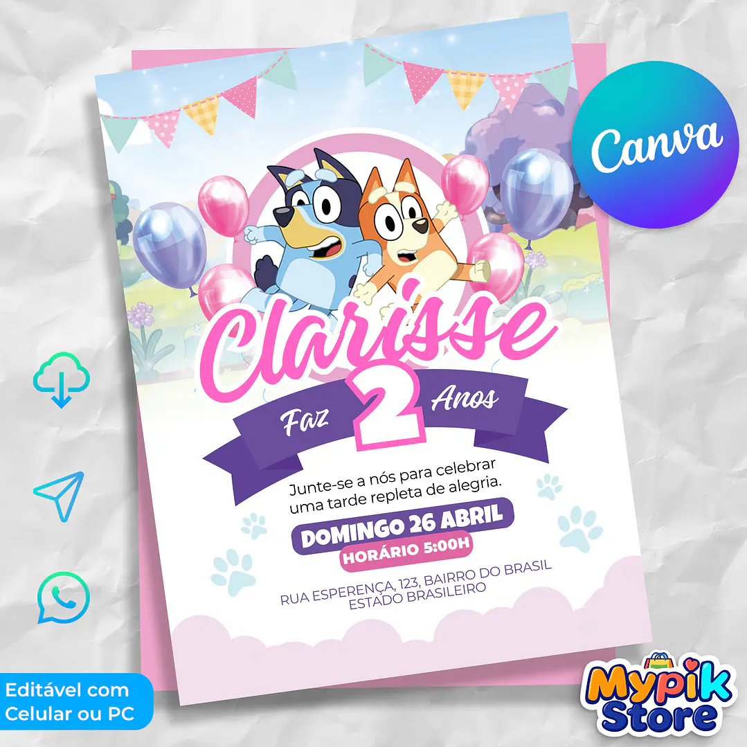 Convite Bluey Menina Editável Canva - Download Imediato 1