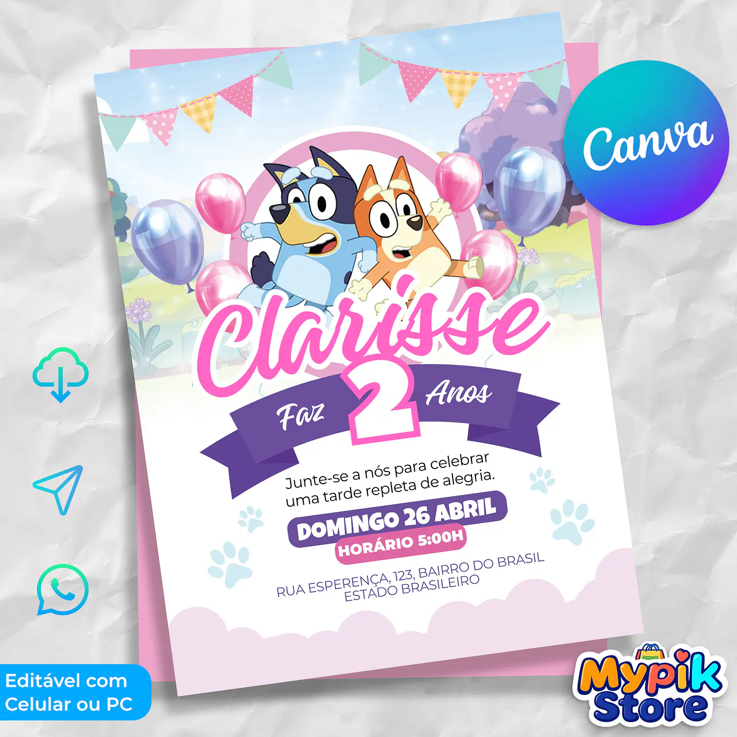 Convite Bluey Menina Editável Canva - Download Imediato 1