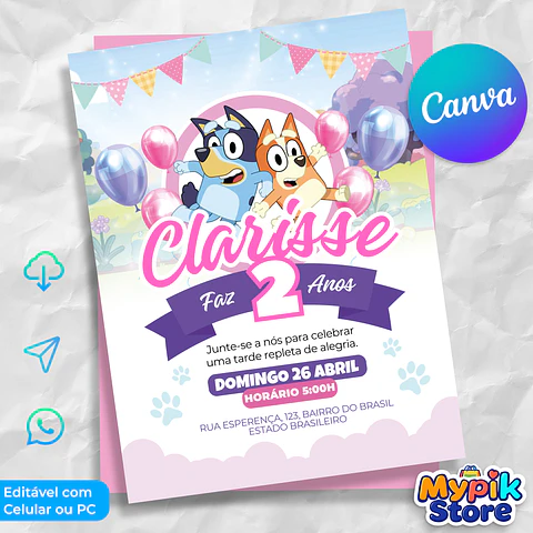 Convite Bluey Menina Editável Canva - Download Imediato