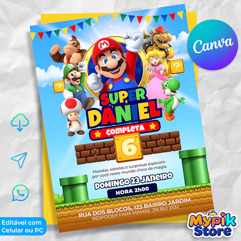 Convite Super Mario Editável Canva - Download Imediato