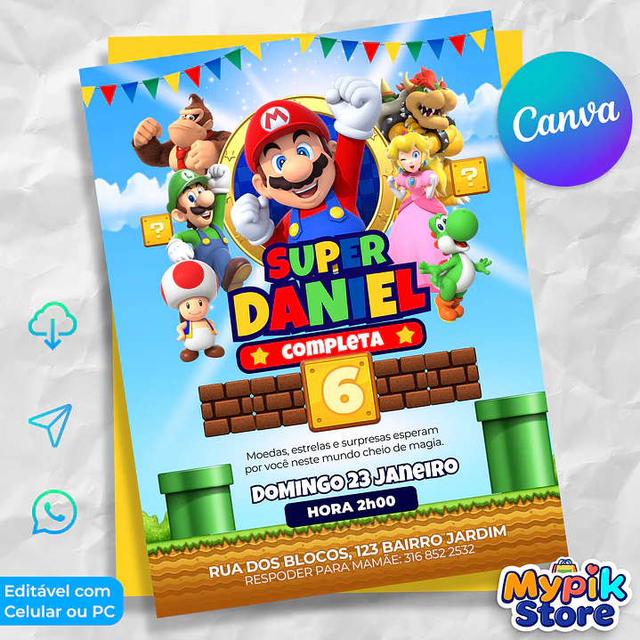 Convite Super Mario Editável Canva - Download Imediato 1