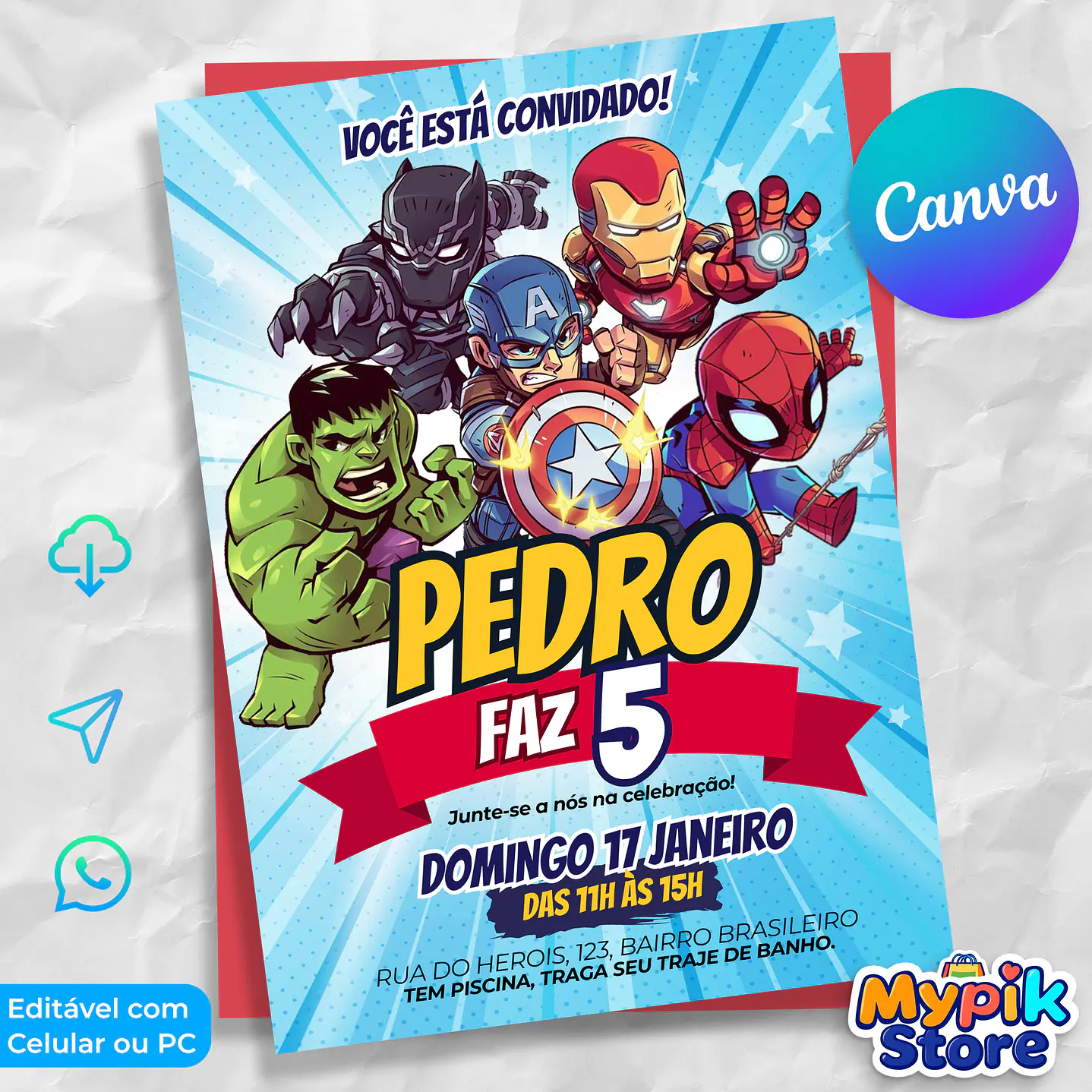 Convite Vingadores Editável Canva - Download Imediato 2