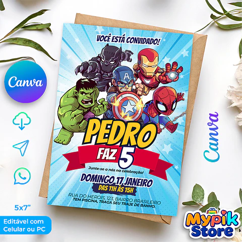 Convite Vingadores Editável Canva - Download Imediato