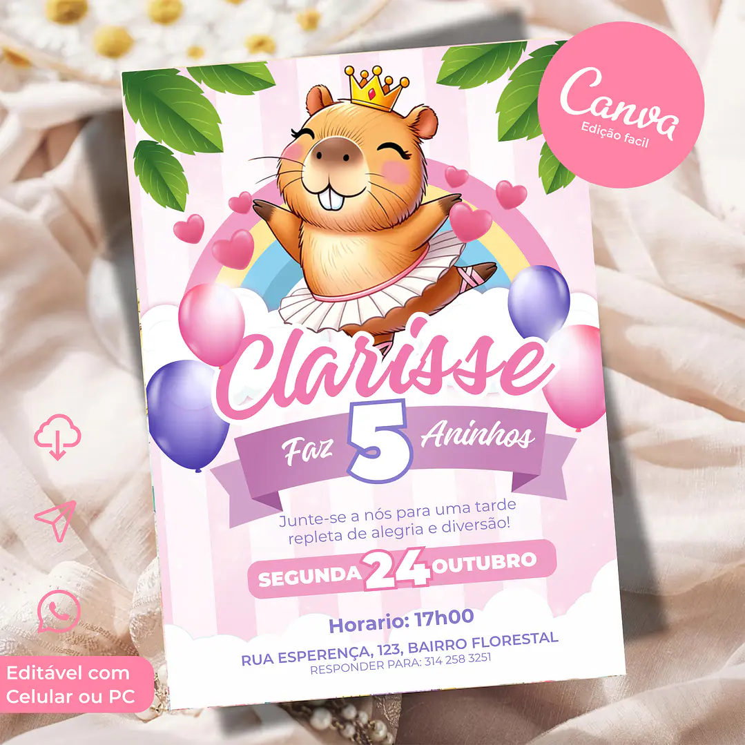 Convite Capivara Fofa Menina Animado Canva Pronto para Usar 1