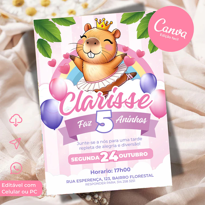 Convite Capivara Fofa Menina Animado Canva Pronto para Usar 1