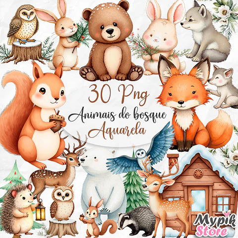 Kit Digital Animais do Bosque PNG Aquarela