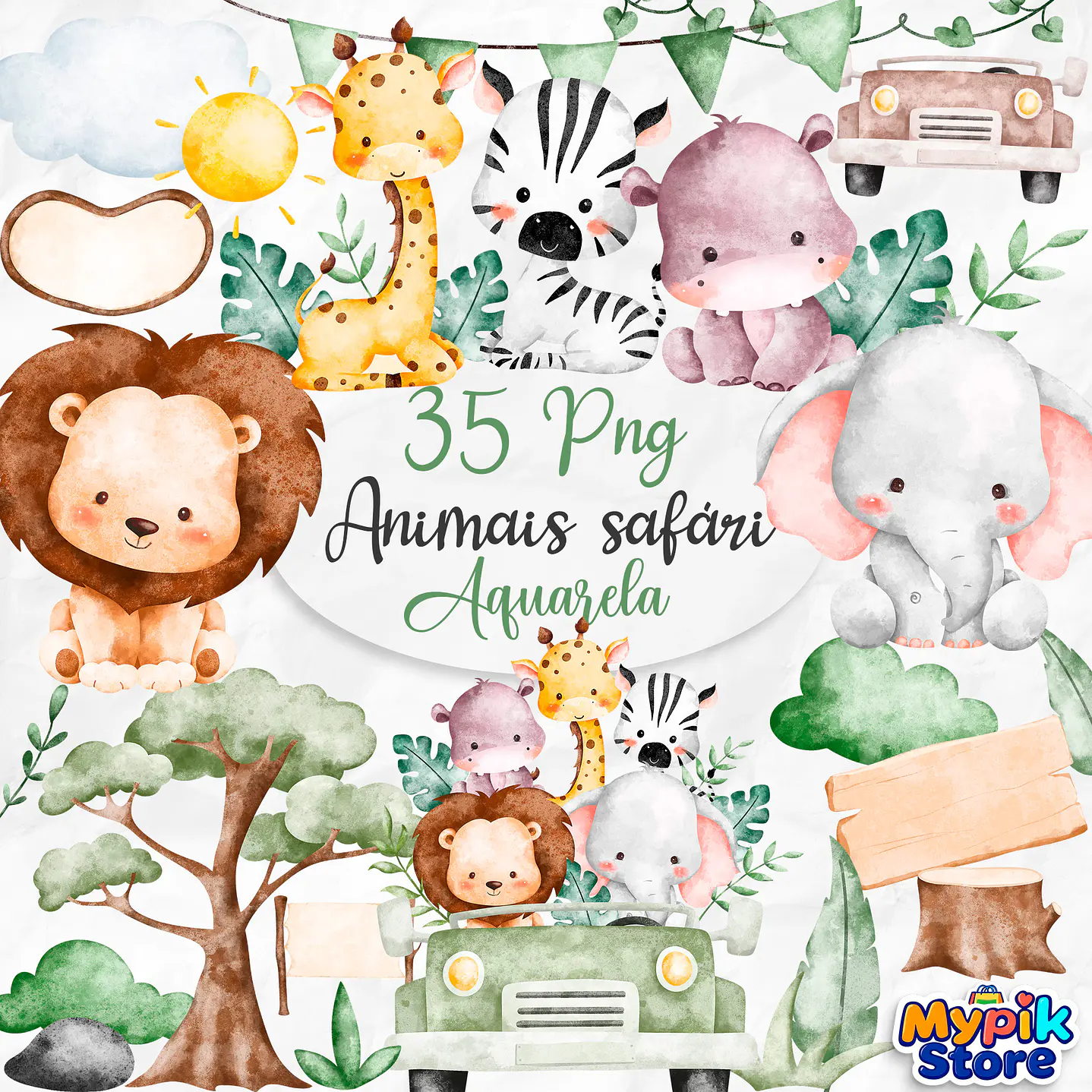 Kit Digital Safari Aquarela PNG - Animais Baby Cute 1