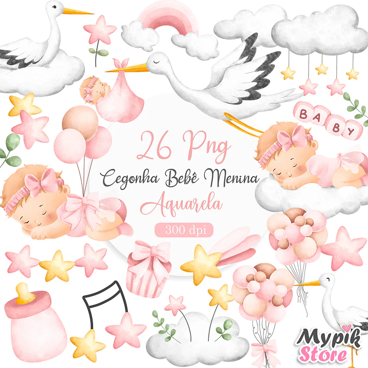 Kit Digital Cegonha Baby Girl Aquarela PNG 2