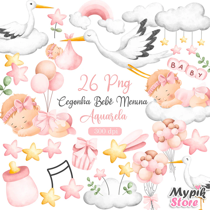 Kit Digital Cegonha Baby Girl Aquarela PNG 1
